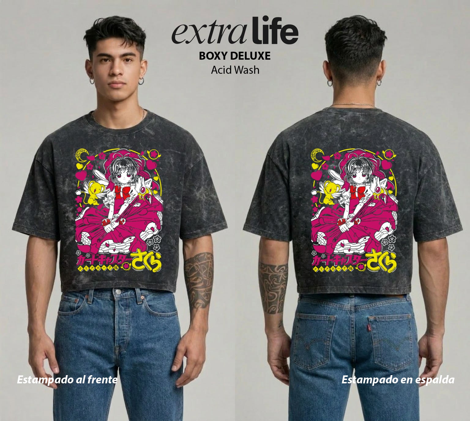 Playera streetwear premium de anime y gaming ExtraLife MX, corte boxy deluxe mineral wash heavyweight en color Acid Wash, moda urbana mexicana de culto.