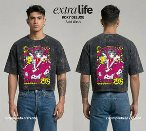 Playera streetwear premium de anime y gaming ExtraLife MX, corte boxy deluxe mineral wash heavyweight en color Acid Wash, moda urbana mexicana de culto.