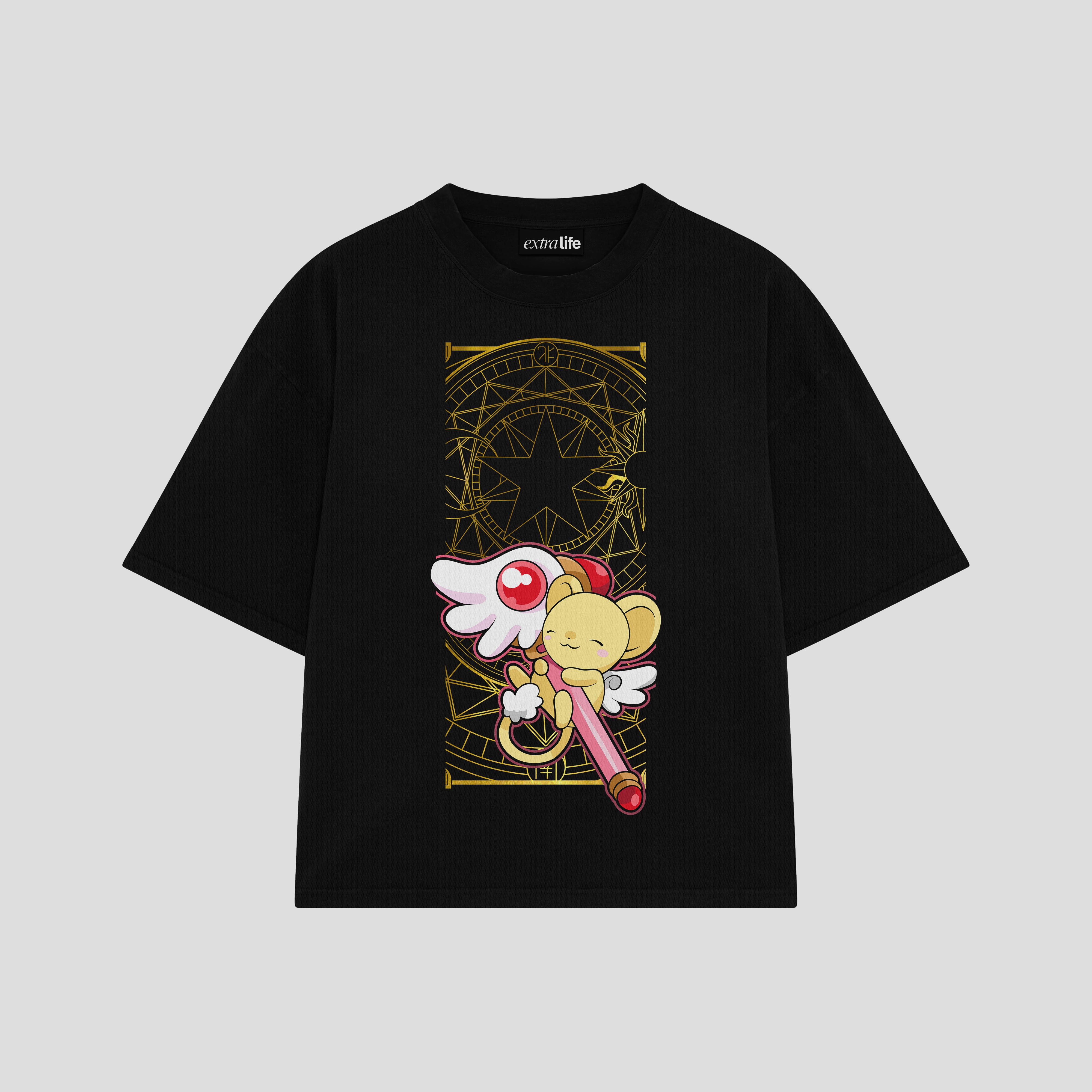 Playera streetwear premium de anime y gaming ExtraLife MX, corte boxy oversized drop shoulder heavyweight en color Deep Black y Off-White, moda urbana mexicana de culto.