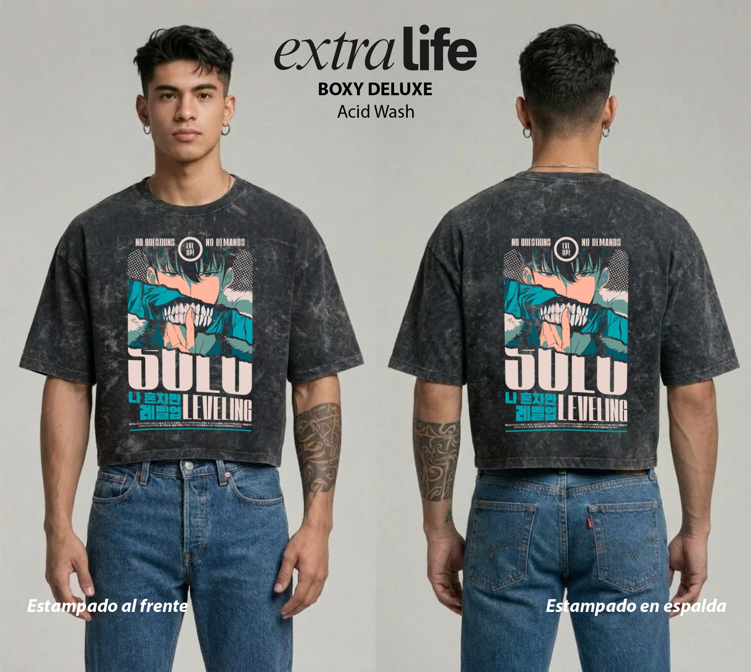 Playera streetwear premium de anime y gaming ExtraLife MX, corte boxy deluxe mineral wash heavyweight en color Acid Wash, moda urbana mexicana de culto.