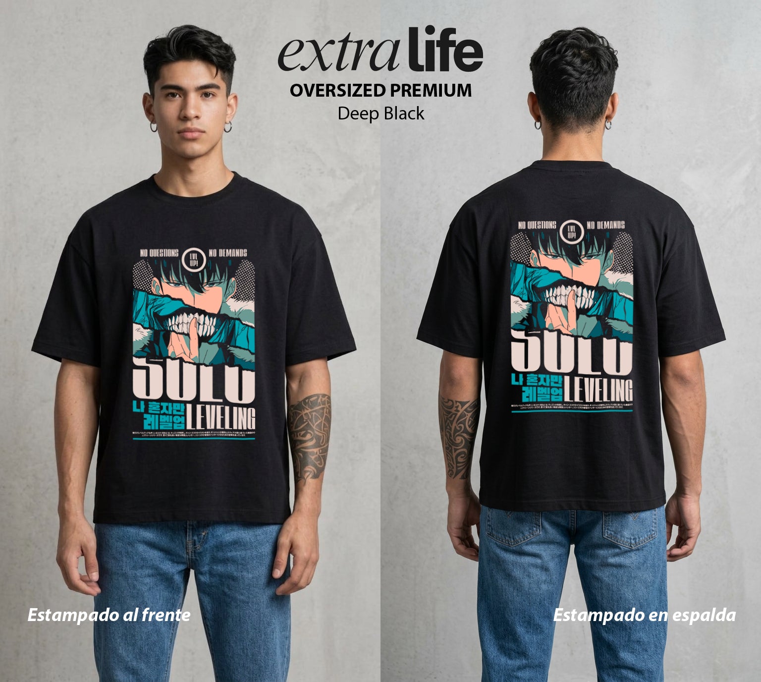 El Cazador en Ascenso | Portal del Nivel #04662 - Playera Oversized Premium | Deep Black - Foto en modelo