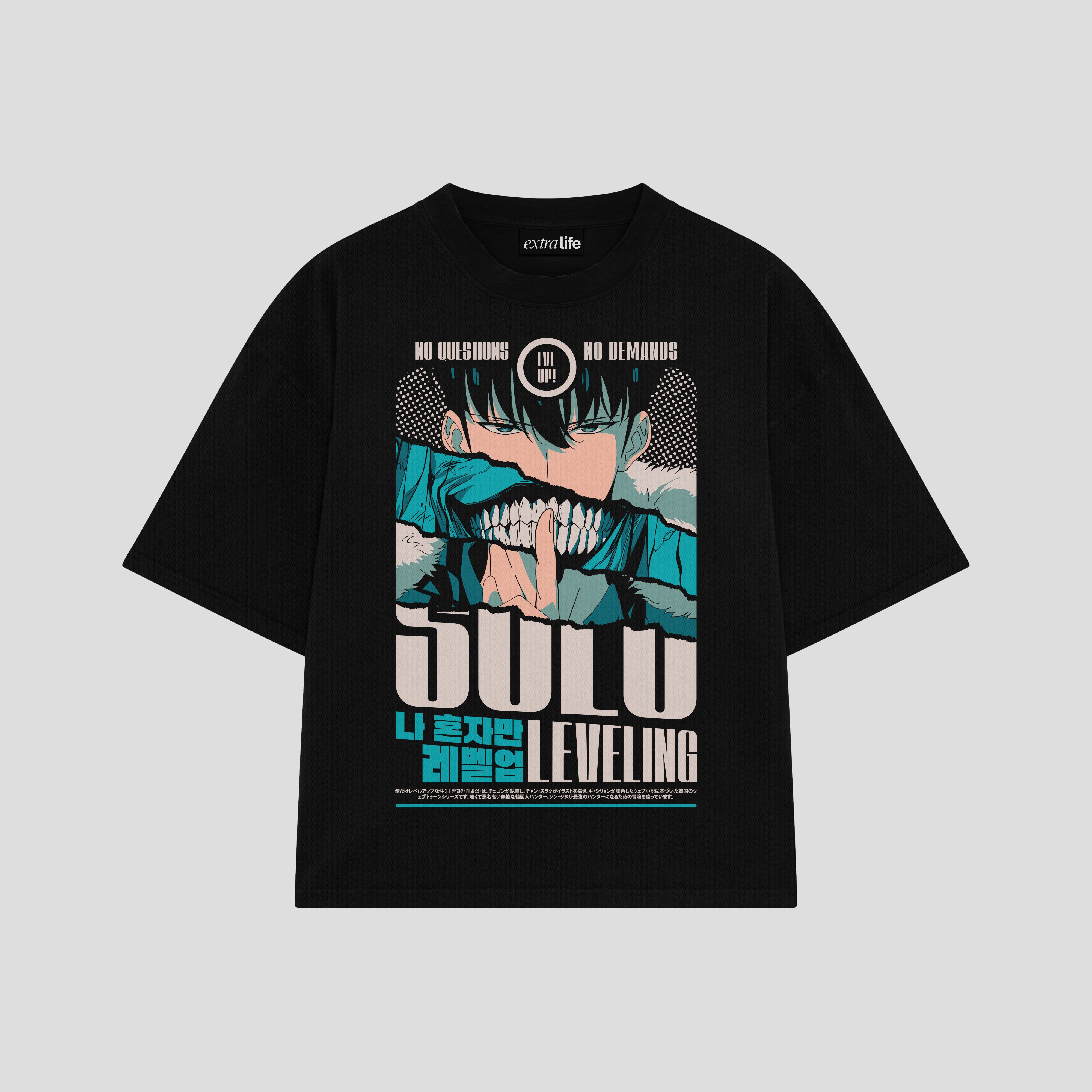 Playera streetwear premium de anime y gaming ExtraLife MX, corte boxy oversized drop shoulder heavyweight en color Deep Black y Off-White, moda urbana mexicana de culto.