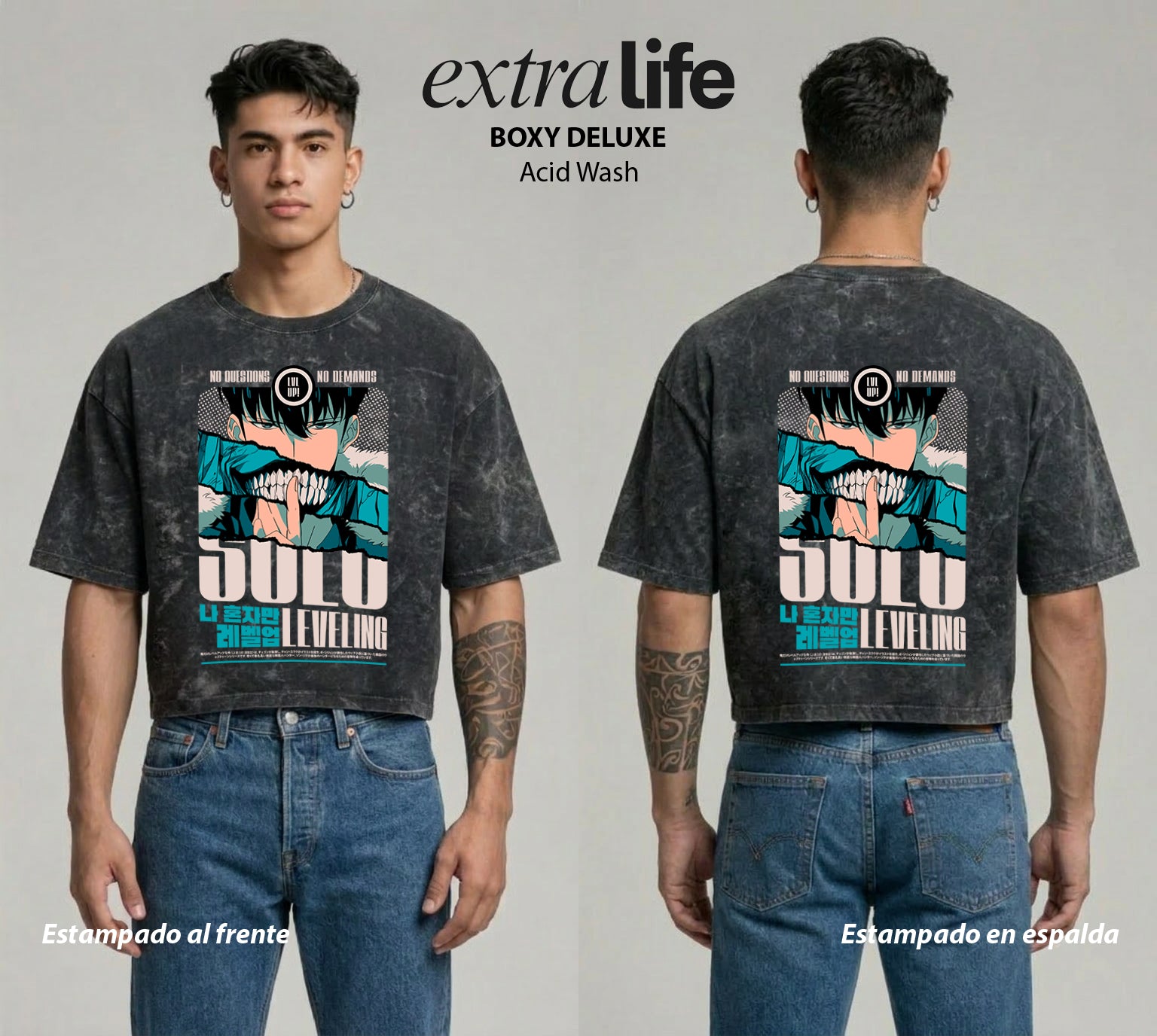 Playera streetwear premium de anime y gaming ExtraLife MX, corte boxy deluxe mineral wash heavyweight en color Acid Wash, moda urbana mexicana de culto.