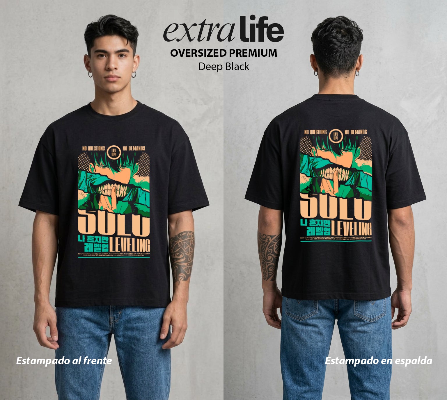 El Cazador en Ascenso | Sombra del Monarca #04665 - Playera Oversized Premium | Deep Black - Foto en modelo