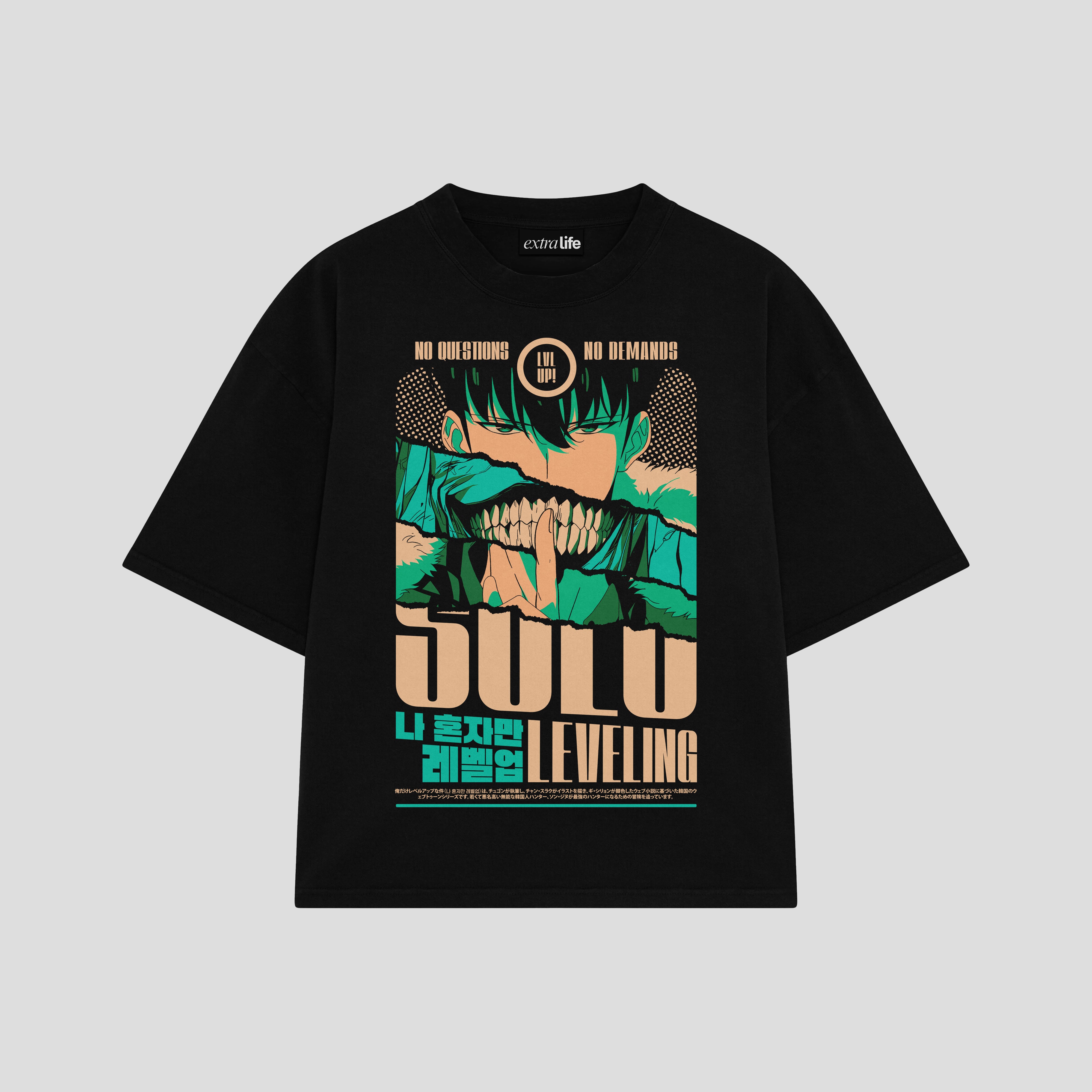 Playera streetwear premium de anime y gaming ExtraLife MX, corte boxy oversized drop shoulder heavyweight en color Deep Black y Off-White, moda urbana mexicana de culto.