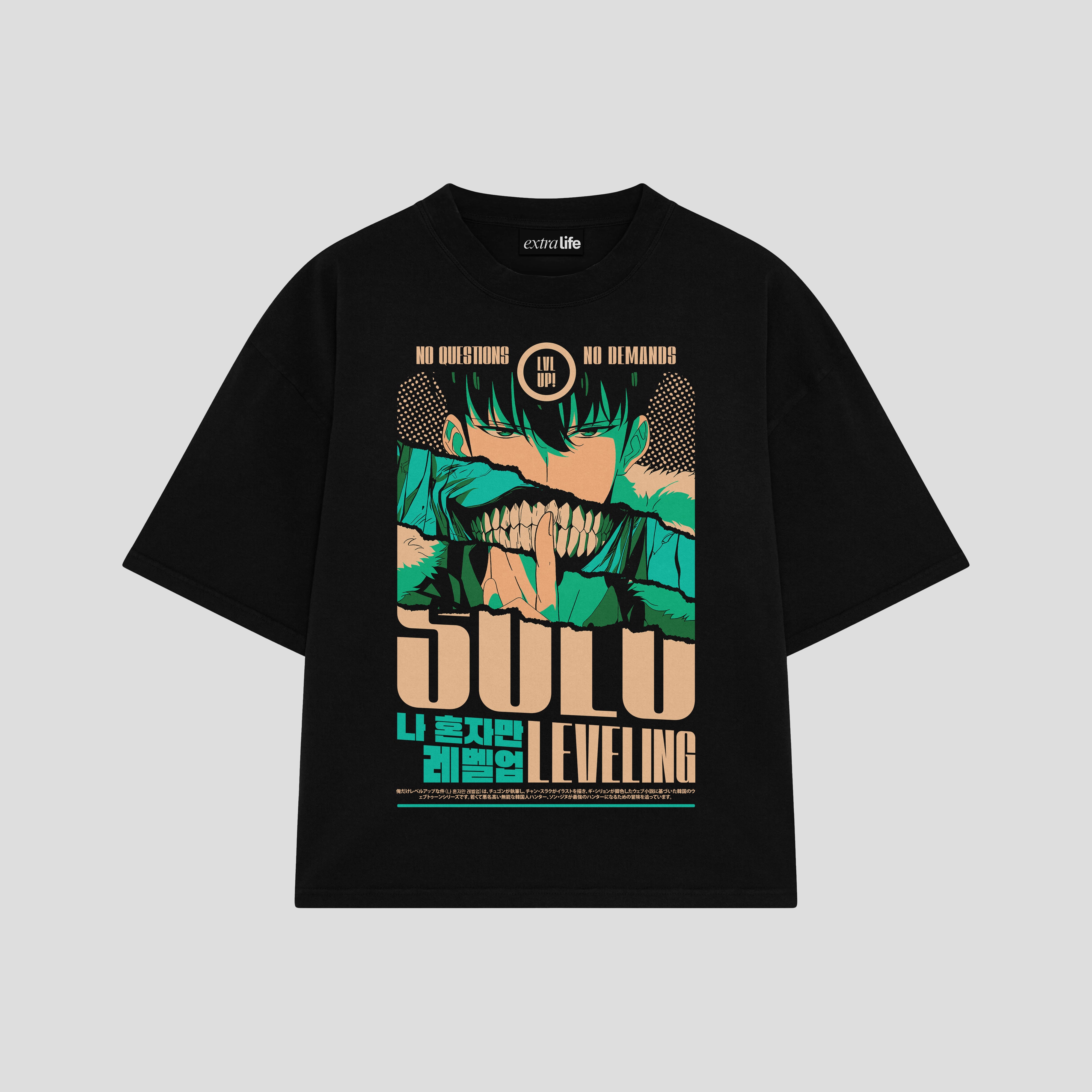 Playera streetwear premium de anime y gaming ExtraLife MX, corte boxy oversized drop shoulder heavyweight en color Deep Black y Off-White, moda urbana mexicana de culto.