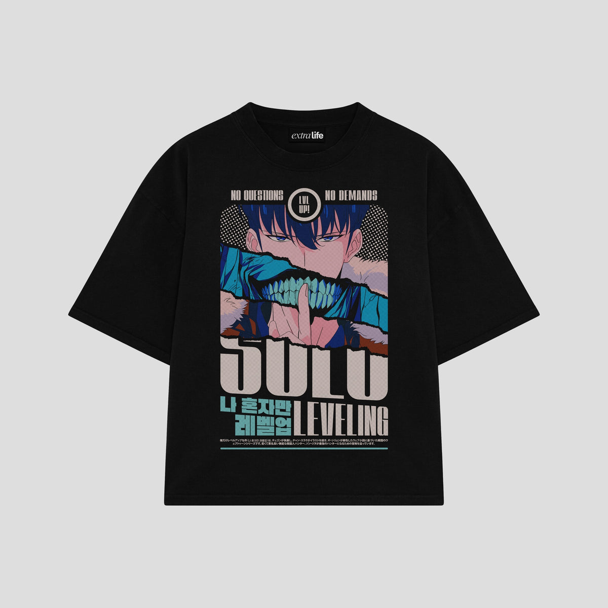 Playera streetwear premium de anime y gaming ExtraLife MX, corte oversized drop shoulder ligero y fresco en color Deep Black y Off-White, moda urbana mexicana de culto.
