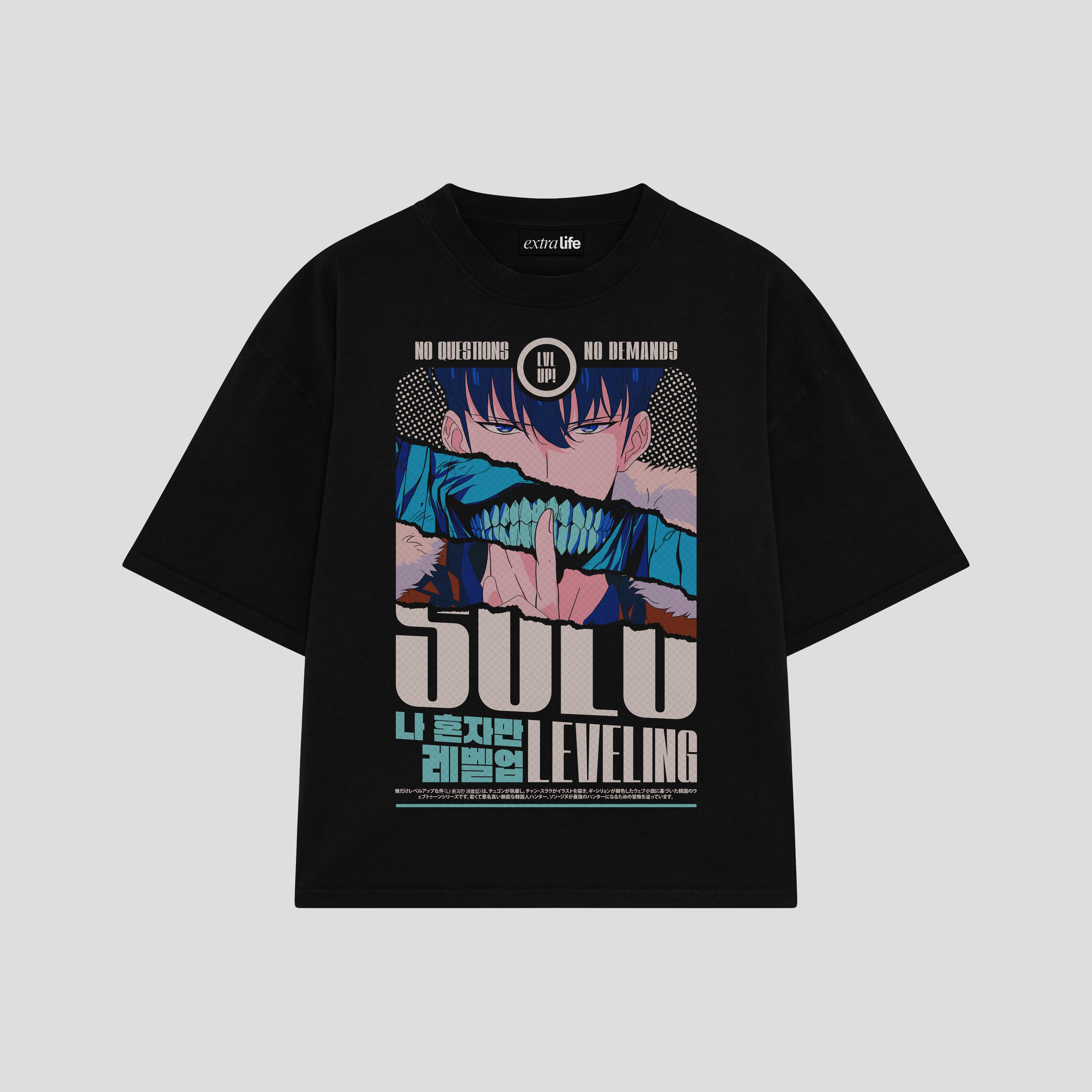 Playera streetwear premium de anime y gaming ExtraLife MX, corte boxy oversized drop shoulder heavyweight en color Deep Black y Off-White, moda urbana mexicana de culto.