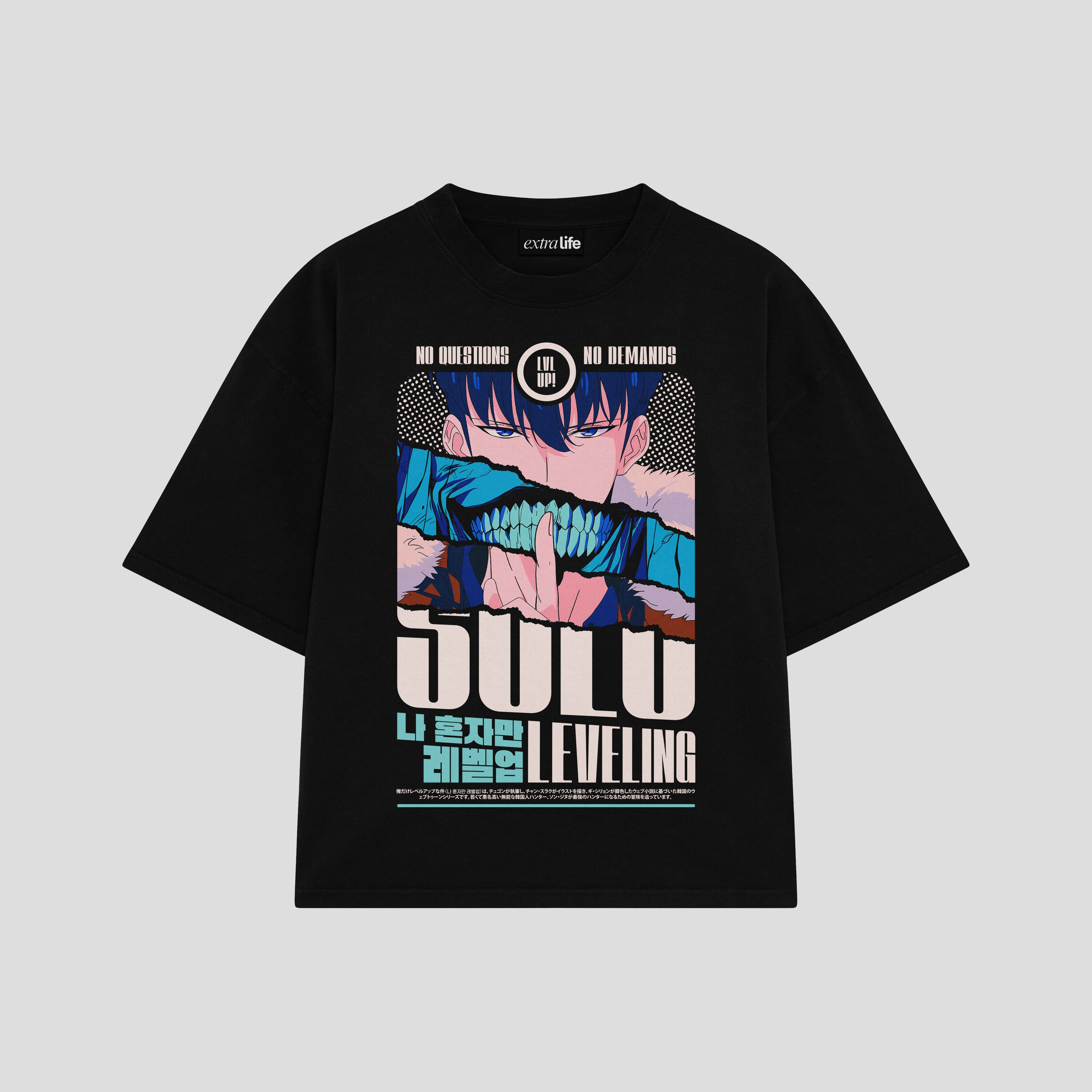 Playera streetwear premium de anime y gaming ExtraLife MX, corte boxy oversized drop shoulder heavyweight en color Deep Black y Off-White, moda urbana mexicana de culto.