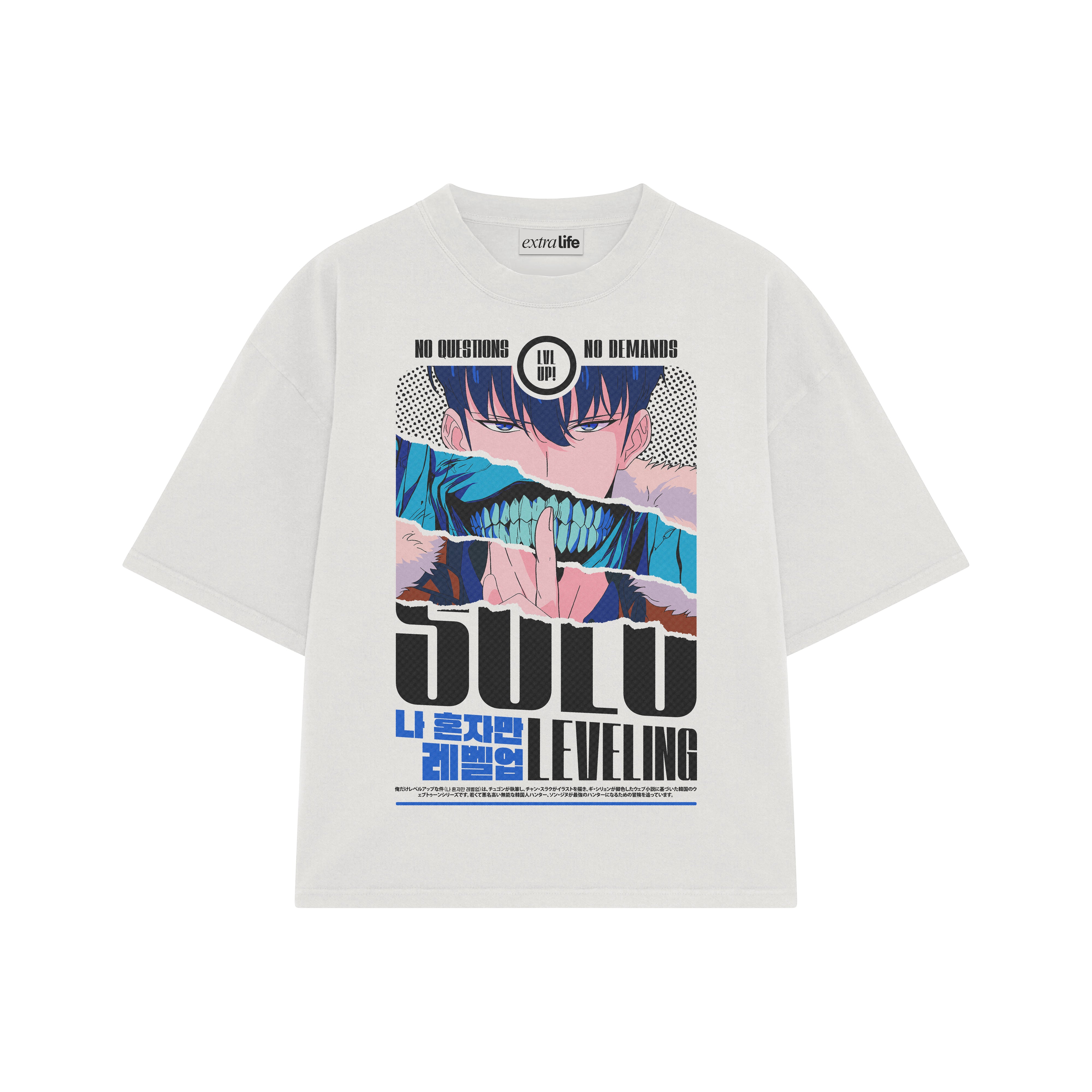 Playera streetwear premium de anime y gaming ExtraLife MX, corte boxy oversized drop shoulder heavyweight en color Deep Black y Off-White, moda urbana mexicana de culto.