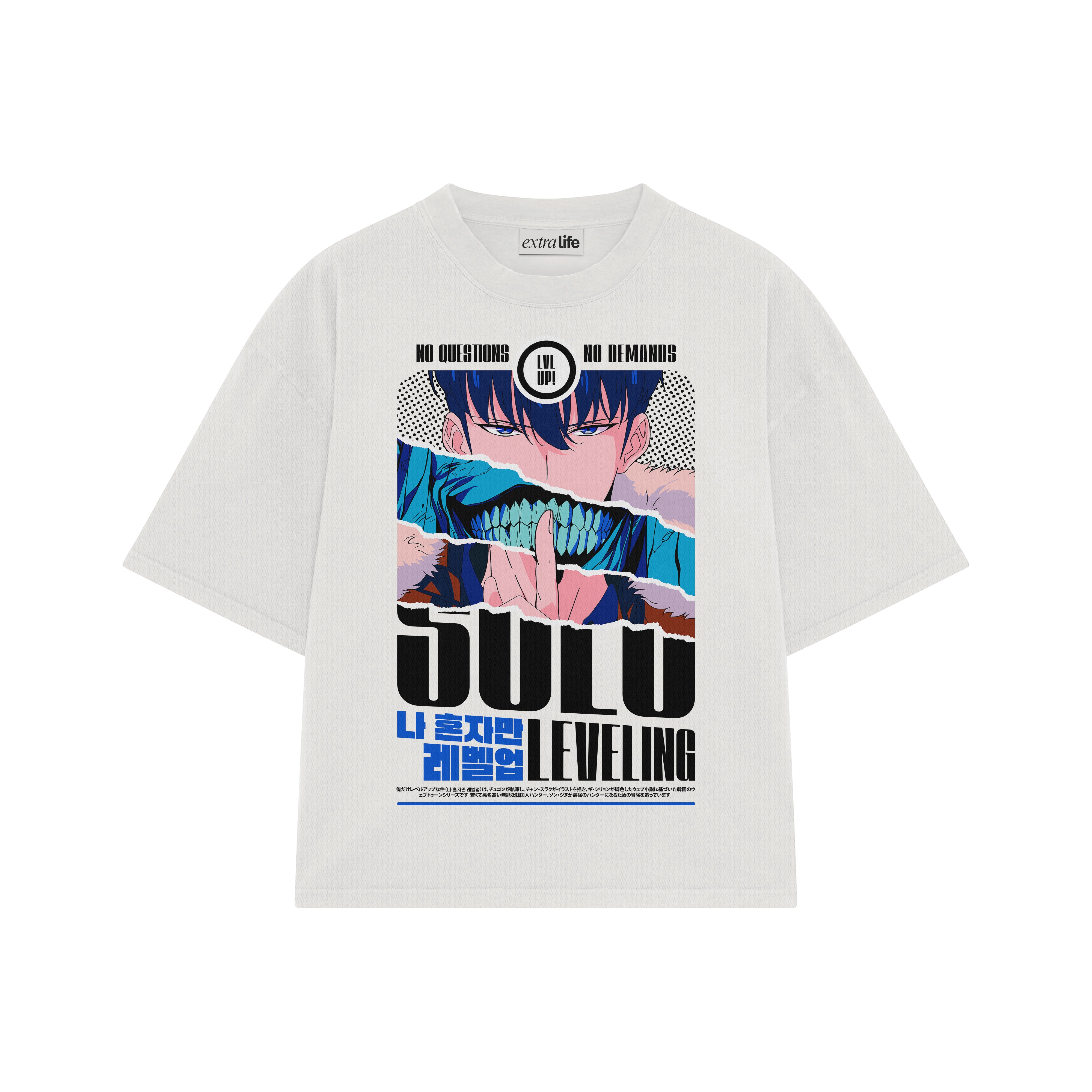Playera streetwear premium de anime y gaming ExtraLife MX, corte boxy oversized drop shoulder heavyweight en color Deep Black y Off-White, moda urbana mexicana de culto.