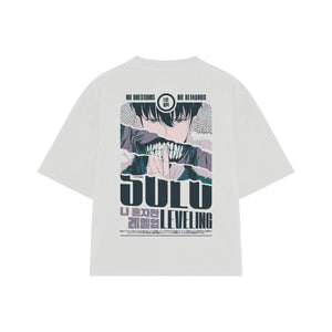 Playera streetwear premium de anime y gaming ExtraLife MX, corte boxy oversized drop shoulder heavyweight en color Deep Black y Off-White, moda urbana mexicana de culto.