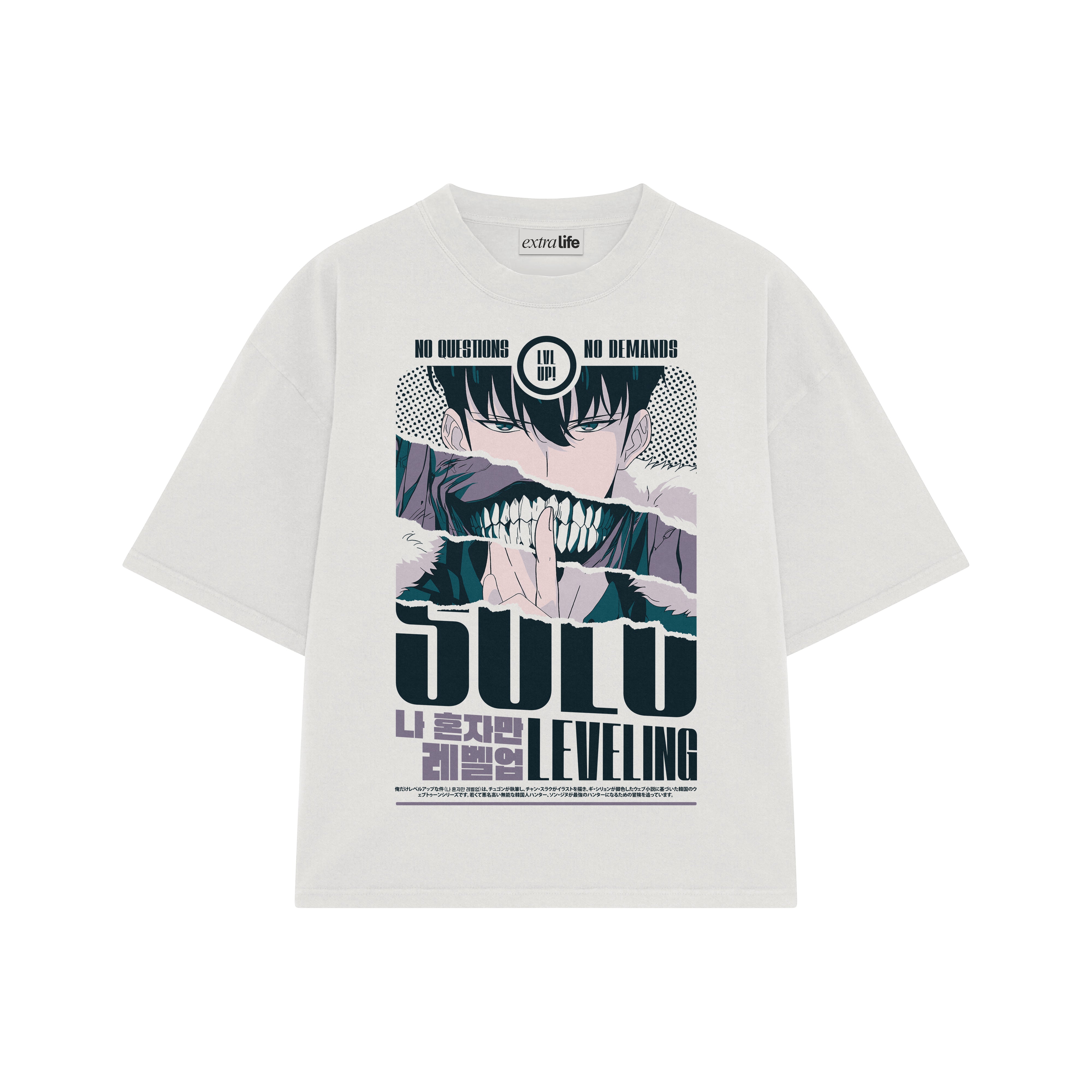 Playera streetwear premium de anime y gaming ExtraLife MX, corte boxy oversized drop shoulder heavyweight en color Deep Black y Off-White, moda urbana mexicana de culto.