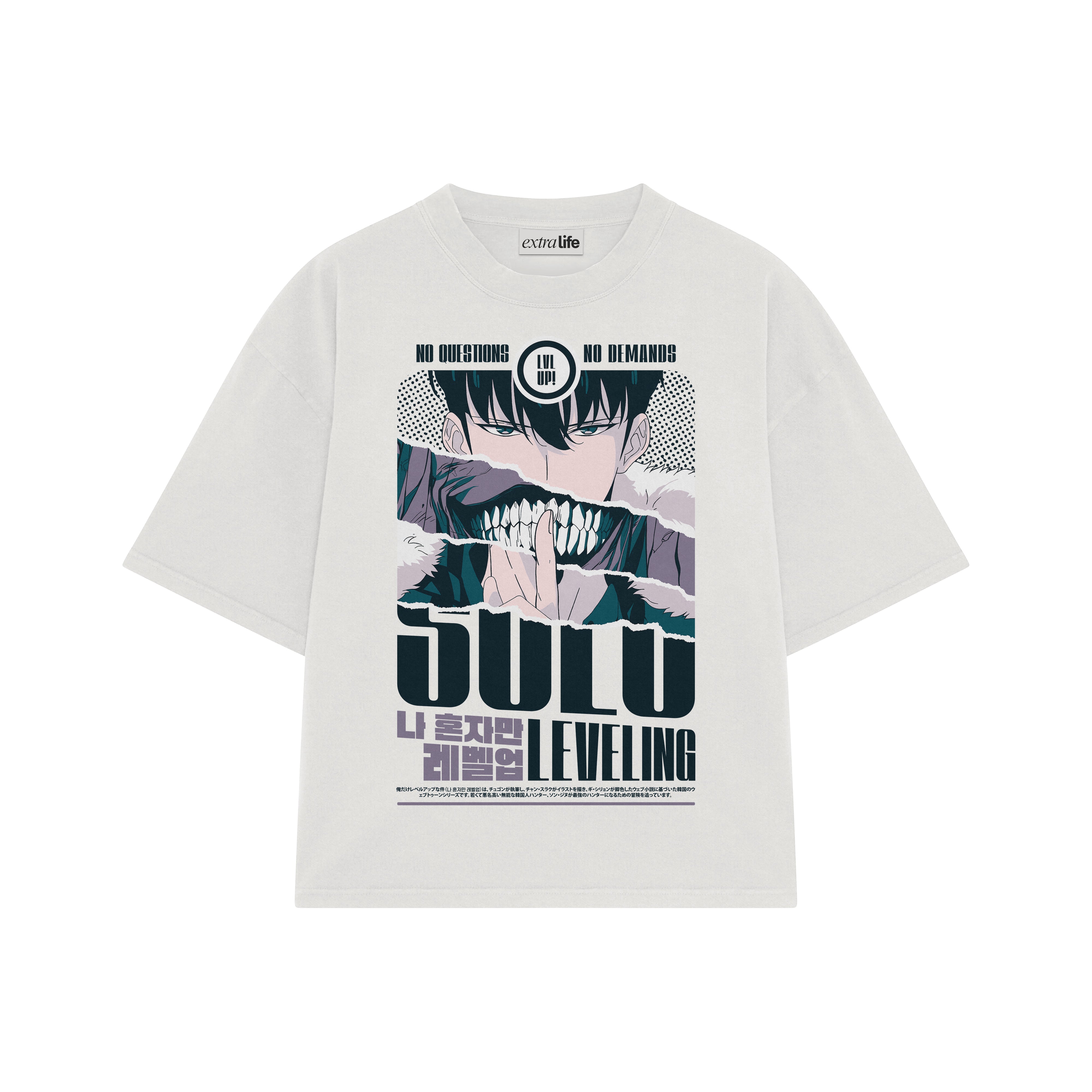 Playera streetwear premium de anime y gaming ExtraLife MX, corte boxy oversized drop shoulder heavyweight en color Deep Black y Off-White, moda urbana mexicana de culto.
