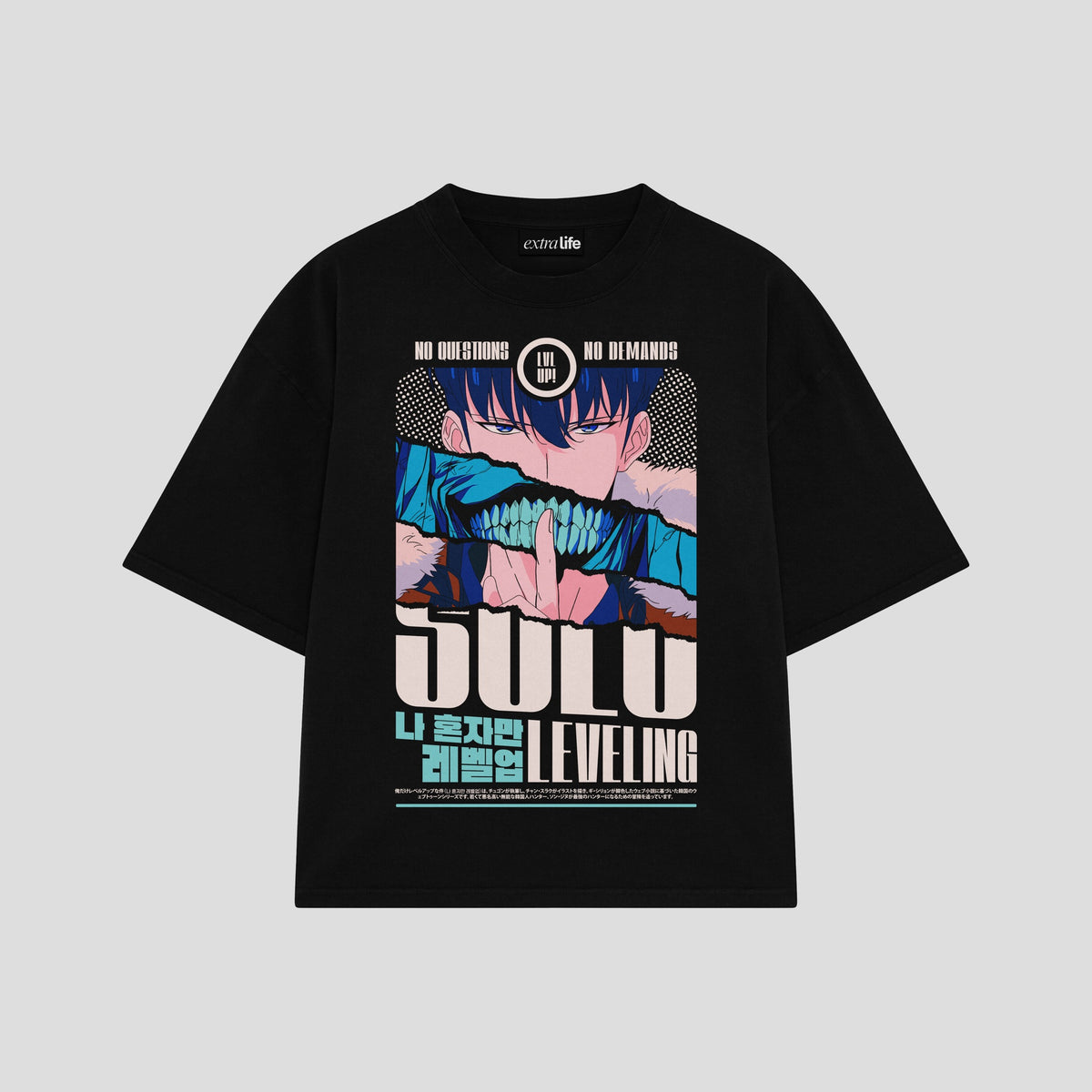 Playera streetwear premium de anime y gaming ExtraLife MX, corte oversized drop shoulder ligero y fresco en color Deep Black y Off-White, moda urbana mexicana de culto.