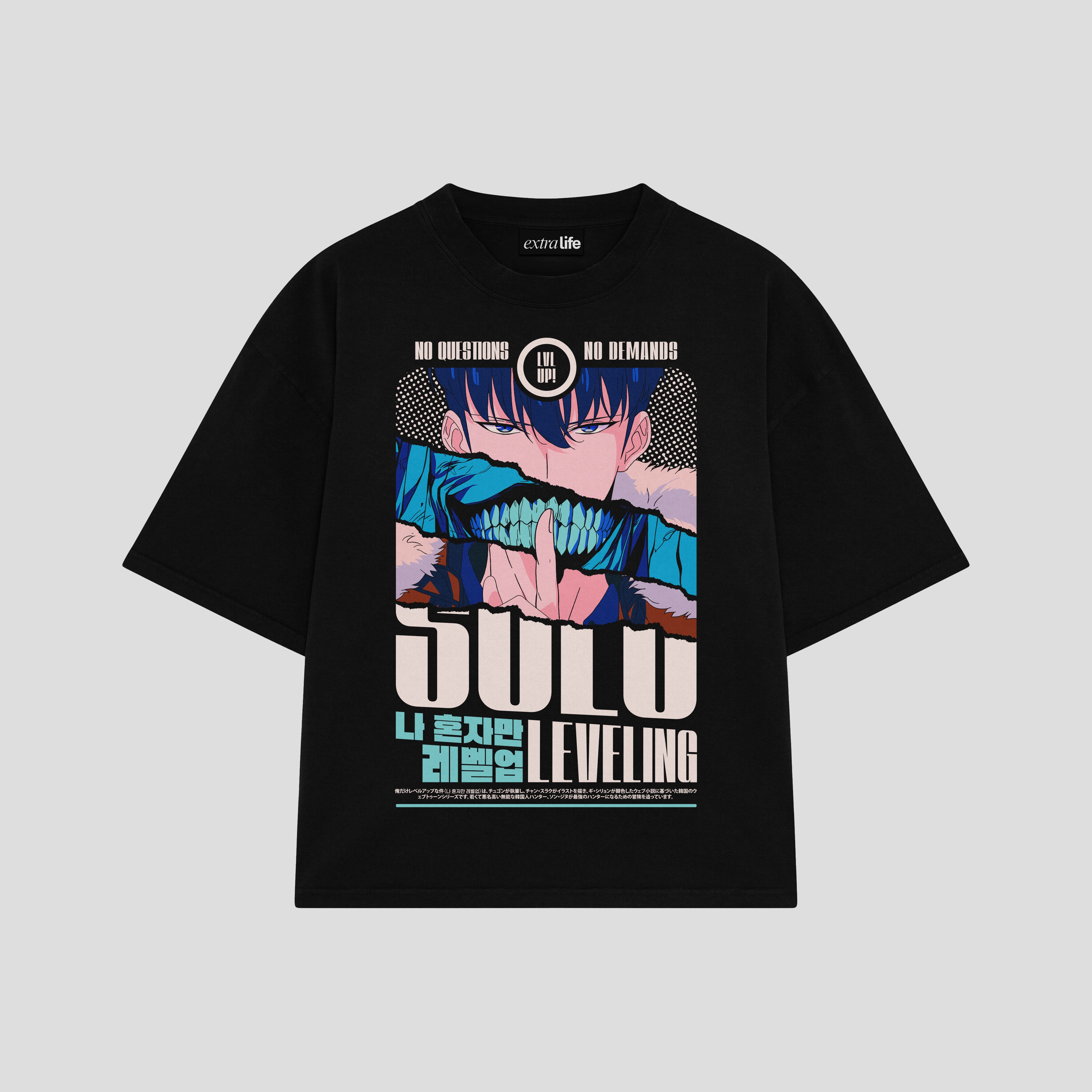 Playera streetwear premium de anime y gaming ExtraLife MX, corte boxy oversized drop shoulder heavyweight en color Deep Black y Off-White, moda urbana mexicana de culto.
