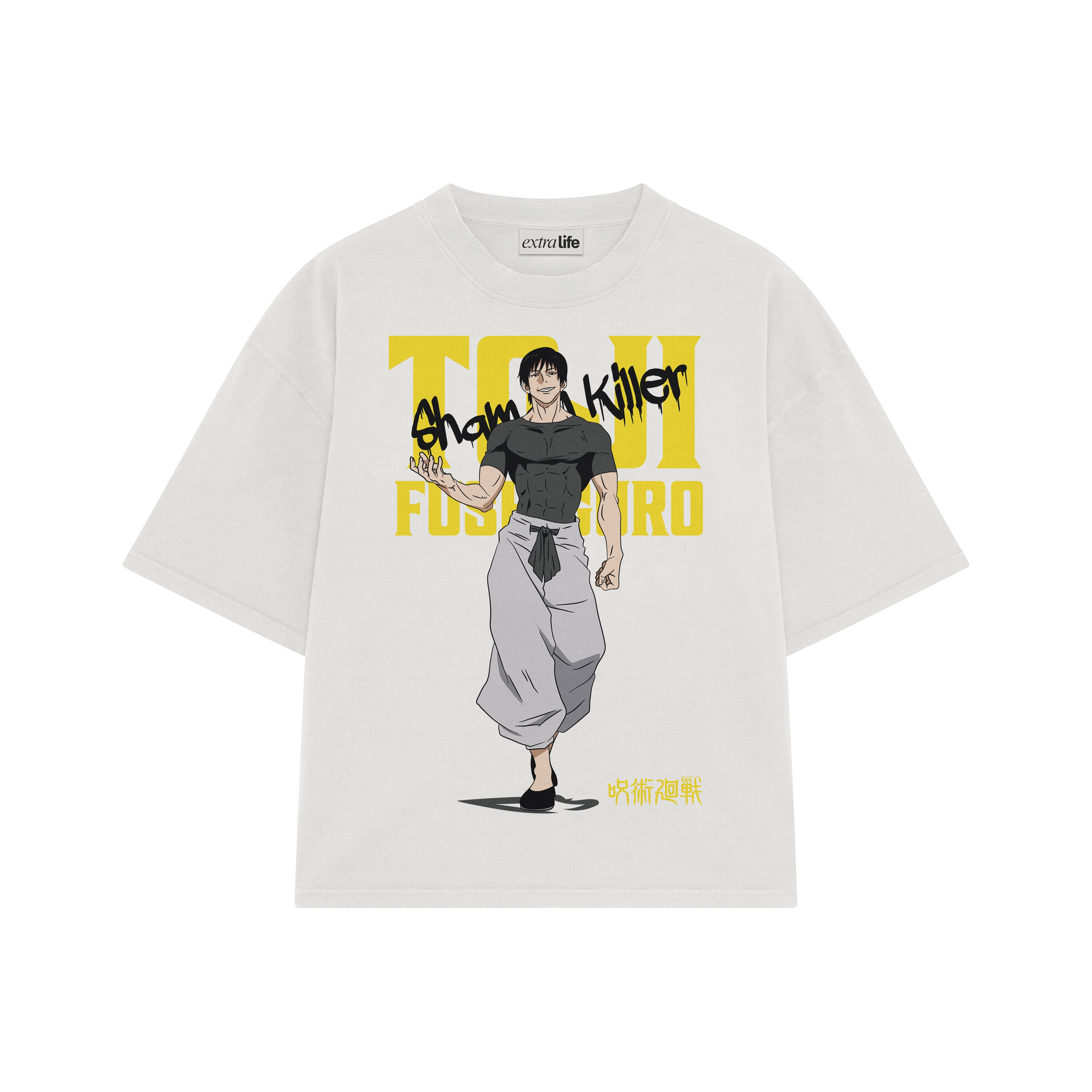 Playera streetwear premium de anime y gaming ExtraLife MX, corte boxy oversized drop shoulder heavyweight en color Deep Black y Off-White, moda urbana mexicana de culto.