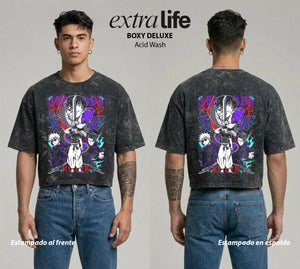 Playera streetwear premium de anime y gaming ExtraLife MX, corte boxy deluxe mineral wash heavyweight en color Acid Wash, moda urbana mexicana de culto.
