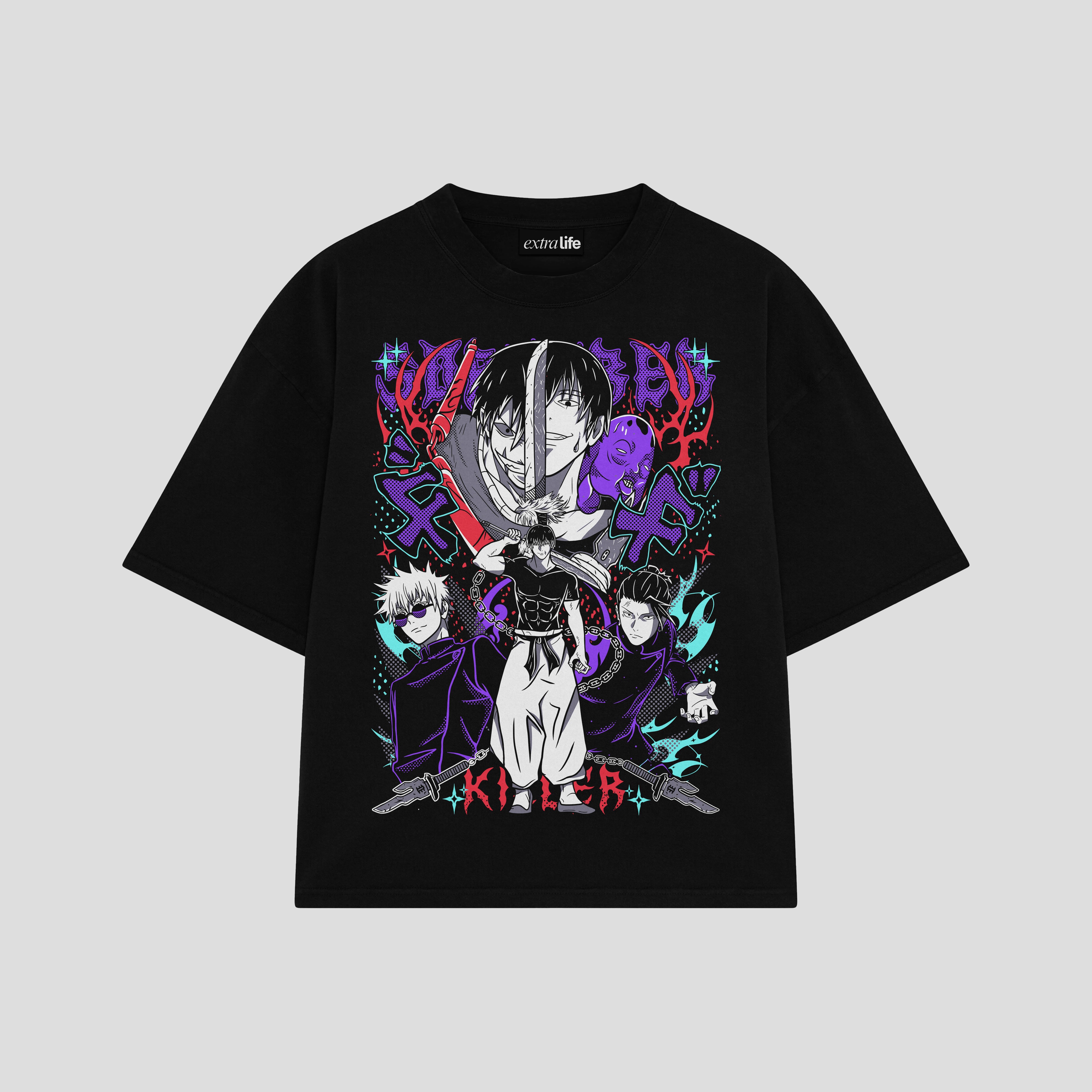 Playera streetwear premium de anime y gaming ExtraLife MX, corte boxy oversized drop shoulder heavyweight en color Deep Black y Off-White, moda urbana mexicana de culto.