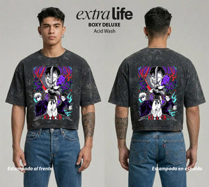 Playera streetwear premium de anime y gaming ExtraLife MX, corte boxy deluxe mineral wash heavyweight en color Acid Wash, moda urbana mexicana de culto.