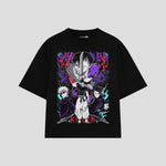 Playera streetwear premium de anime y gaming ExtraLife MX, corte boxy oversized drop shoulder heavyweight en color Deep Black y Off-White, moda urbana mexicana de culto.