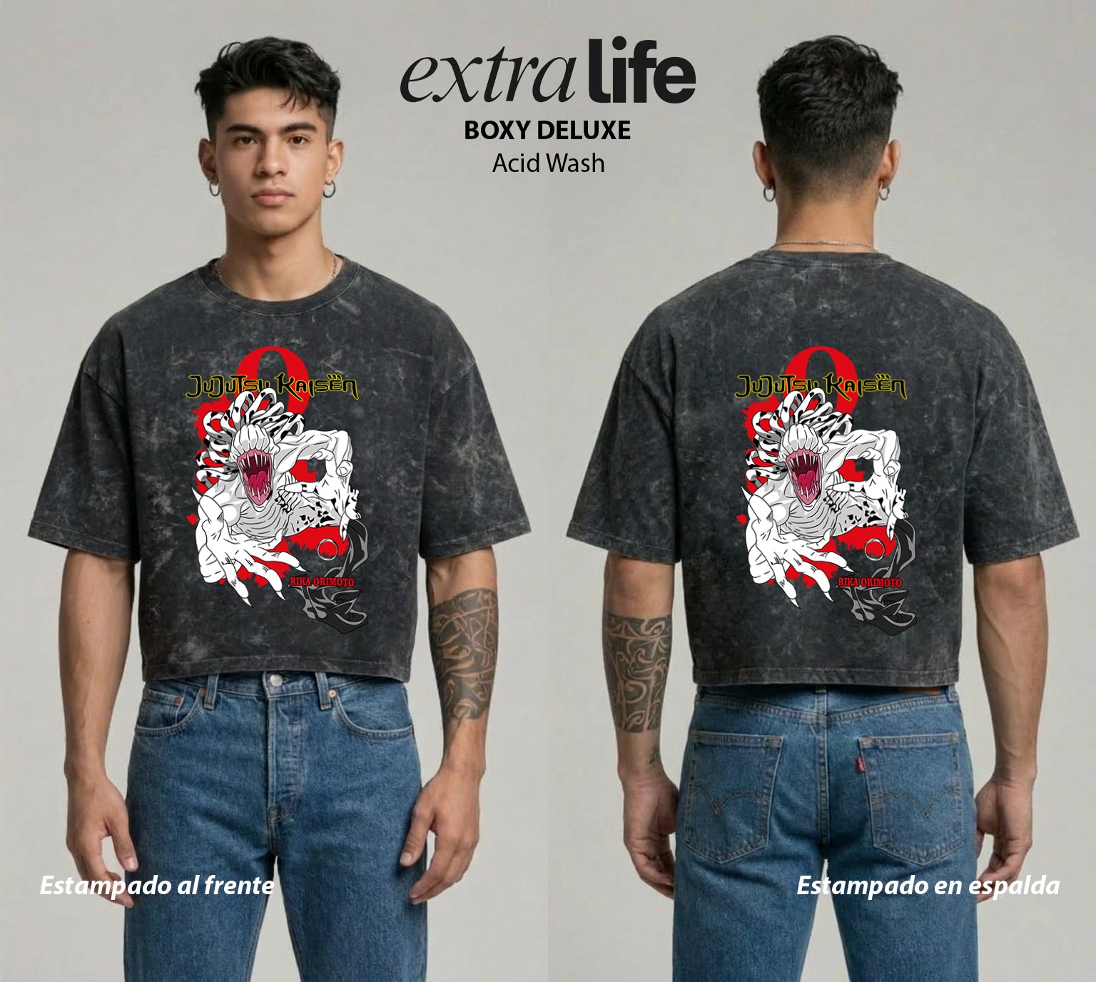 Playera streetwear premium de anime y gaming ExtraLife MX, corte boxy deluxe mineral wash heavyweight en color Acid Wash, moda urbana mexicana de culto.