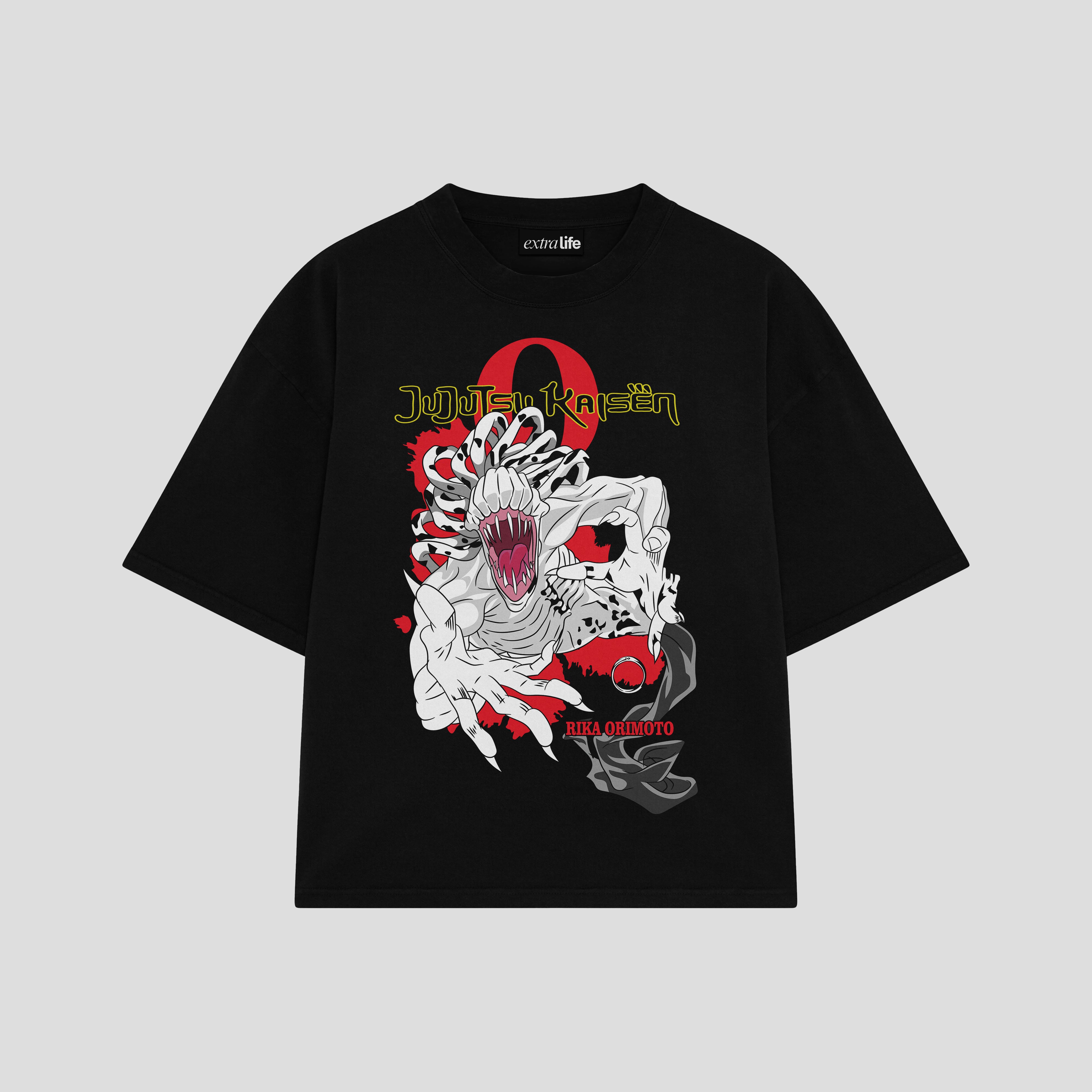 Playera streetwear premium de anime y gaming ExtraLife MX, corte boxy oversized drop shoulder heavyweight en color Deep Black y Off-White, moda urbana mexicana de culto.