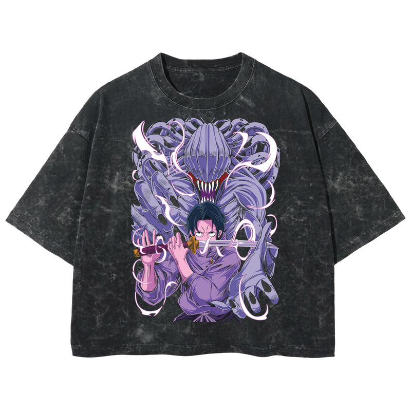 Playera streetwear premium de anime y gaming ExtraLife MX, corte boxy deluxe mineral wash heavyweight en color Acid Wash, moda urbana mexicana de culto.