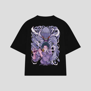 Playera streetwear premium de anime y gaming ExtraLife MX, corte boxy oversized drop shoulder heavyweight en color Deep Black y Off-White, moda urbana mexicana de culto.