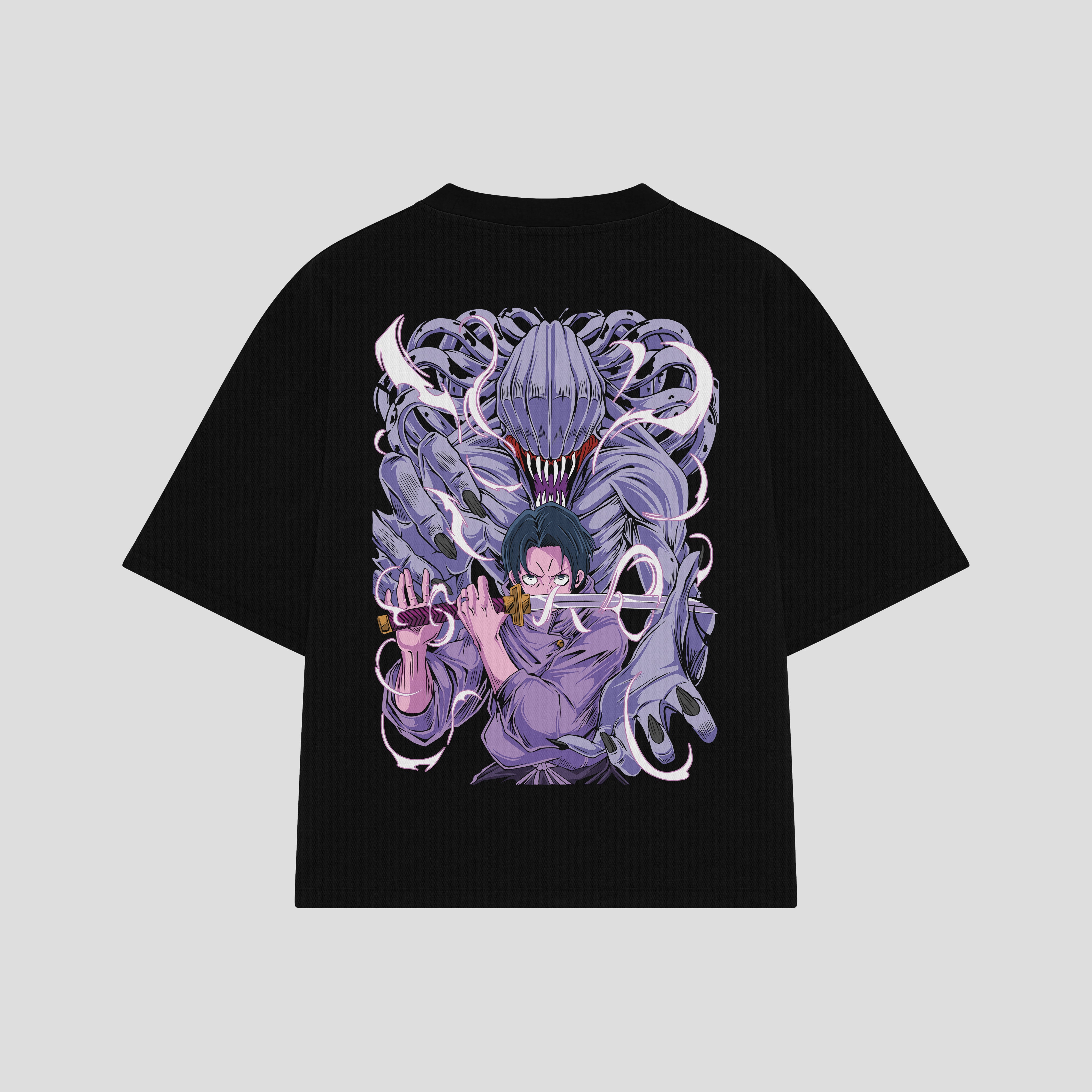 Playera streetwear premium de anime y gaming ExtraLife MX, corte boxy oversized drop shoulder heavyweight en color Deep Black y Off-White, moda urbana mexicana de culto.