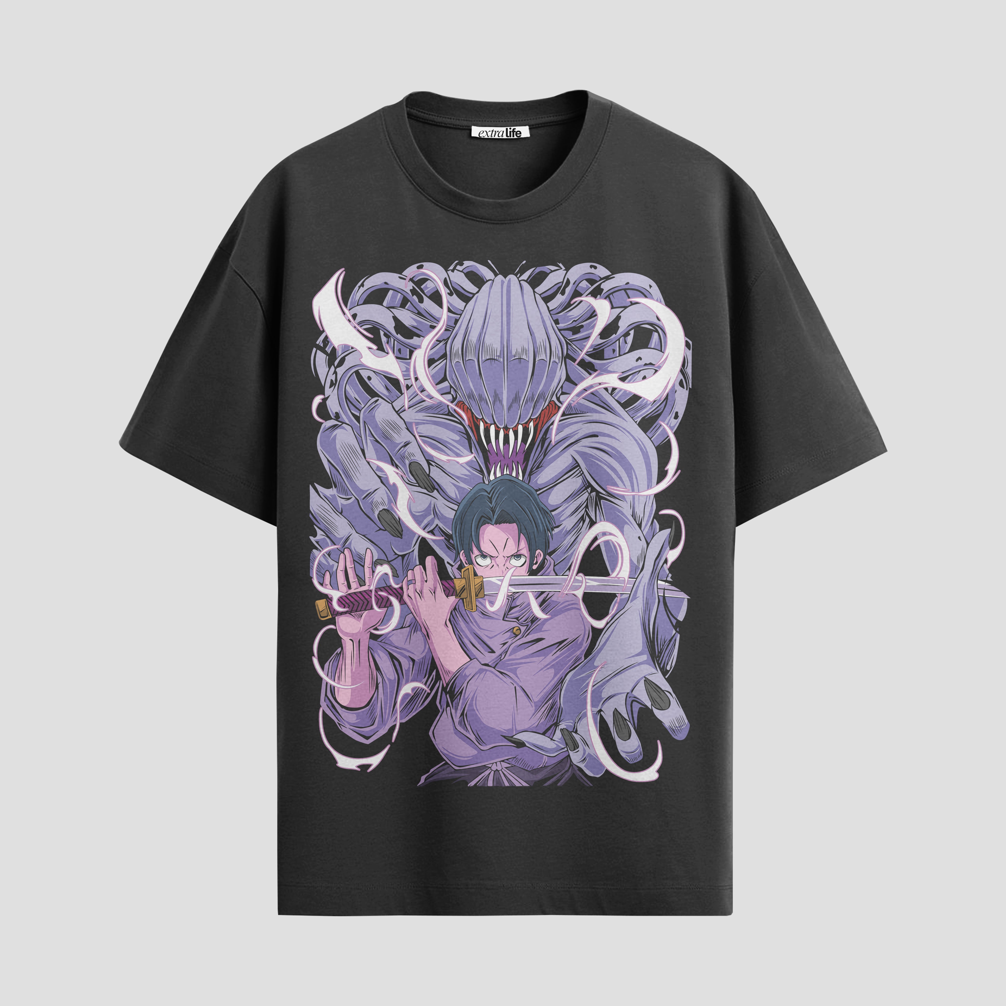 Playera urbana de anime y gaming ExtraLife MX, corte Standard Fit unisex ligero y transpirable en color Deep Black y Pure White, ropa de uso diario para gym y casual.