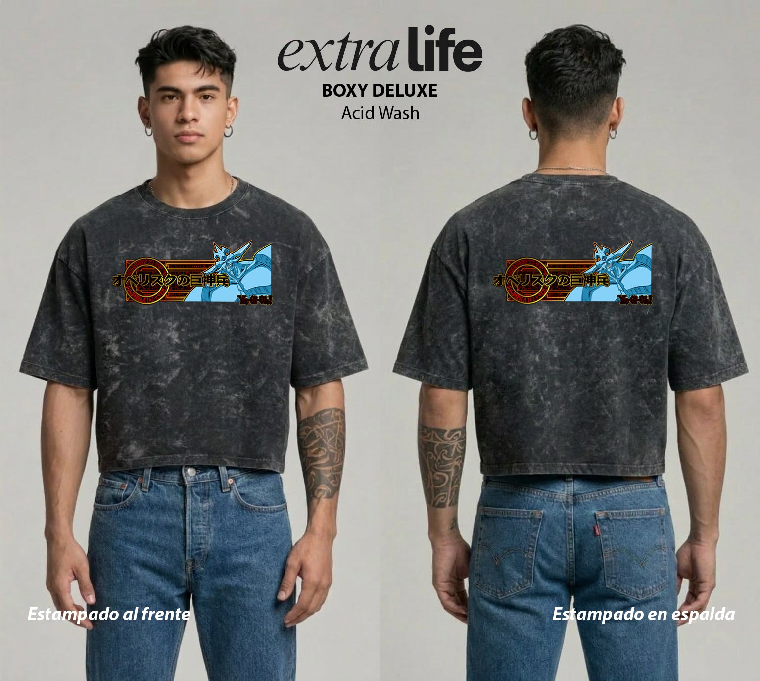 Playera streetwear premium de anime y gaming ExtraLife MX, corte boxy deluxe mineral wash heavyweight en color Acid Wash, moda urbana mexicana de culto.