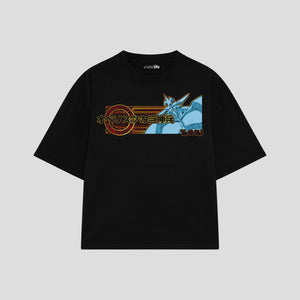 Playera streetwear premium de anime y gaming ExtraLife MX, corte boxy oversized drop shoulder heavyweight en color Deep Black y Off-White, moda urbana mexicana de culto.