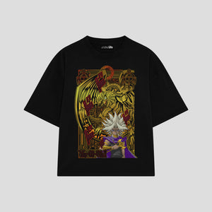 Playera streetwear premium de anime y gaming ExtraLife MX, corte boxy oversized drop shoulder heavyweight en color Deep Black y Off-White, moda urbana mexicana de culto.