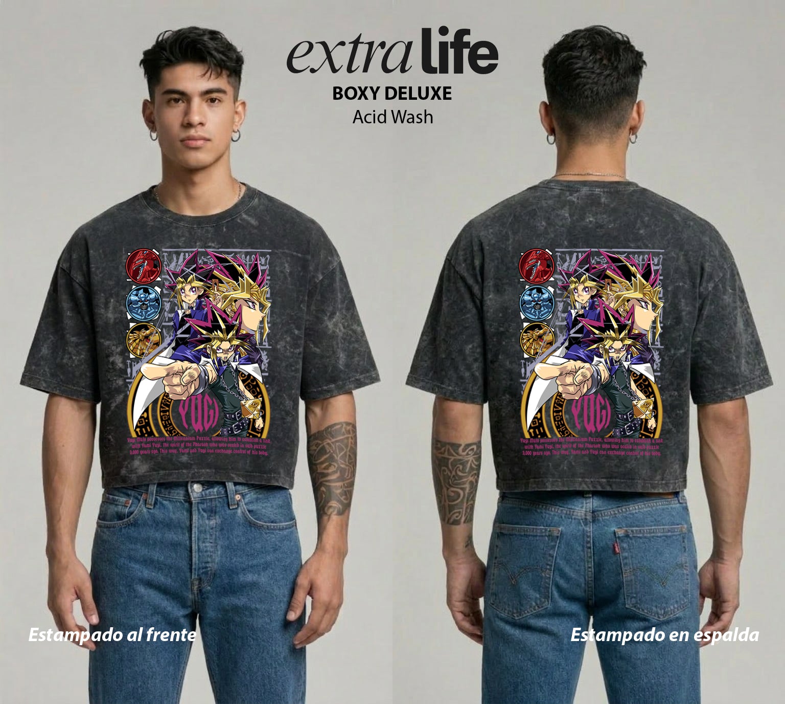 Playera streetwear premium de anime y gaming ExtraLife MX, corte boxy deluxe mineral wash heavyweight en color Acid Wash, moda urbana mexicana de culto.