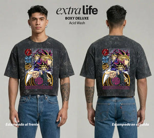 Playera streetwear premium de anime y gaming ExtraLife MX, corte boxy deluxe mineral wash heavyweight en color Acid Wash, moda urbana mexicana de culto.