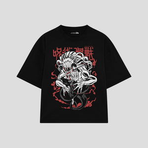 Playera streetwear premium de anime y gaming ExtraLife MX, corte boxy oversized drop shoulder heavyweight en color Deep Black y Off-White, moda urbana mexicana de culto.