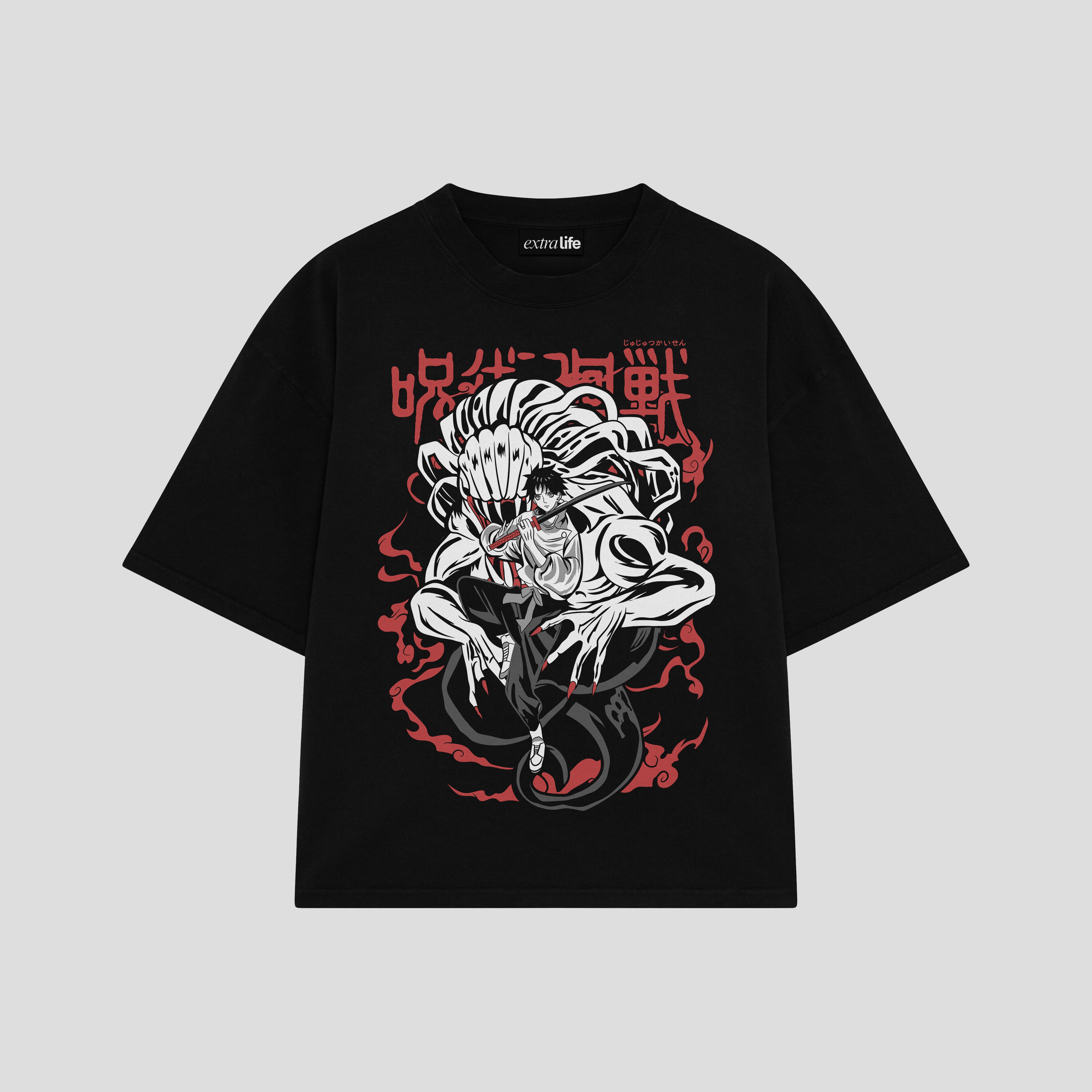 Playera streetwear premium de anime y gaming ExtraLife MX, corte boxy oversized drop shoulder heavyweight en color Deep Black y Off-White, moda urbana mexicana de culto.