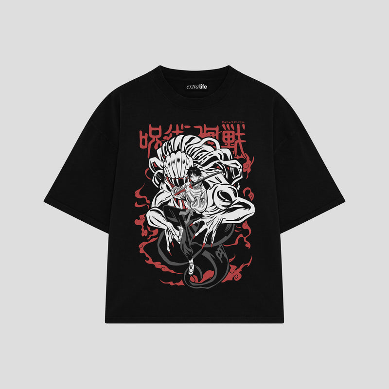 Playera streetwear premium de anime y gaming ExtraLife MX, corte boxy oversized drop shoulder heavyweight en color Deep Black y Off-White, moda urbana mexicana de culto.