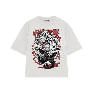 Playera streetwear premium de anime y gaming ExtraLife MX, corte boxy oversized drop shoulder heavyweight en color Deep Black y Off-White, moda urbana mexicana de culto.
