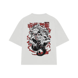 Playera streetwear premium de anime y gaming ExtraLife MX, corte boxy oversized drop shoulder heavyweight en color Deep Black y Off-White, moda urbana mexicana de culto.