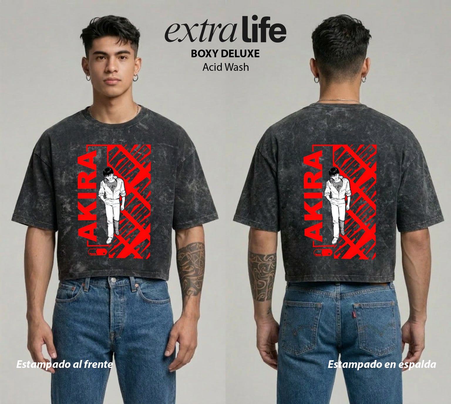 Playera streetwear premium de anime y gaming ExtraLife MX, corte boxy deluxe mineral wash heavyweight en color Acid Wash, moda urbana mexicana de culto.