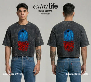 Playera streetwear premium de anime y gaming ExtraLife MX, corte boxy deluxe mineral wash heavyweight en color Acid Wash, moda urbana mexicana de culto.