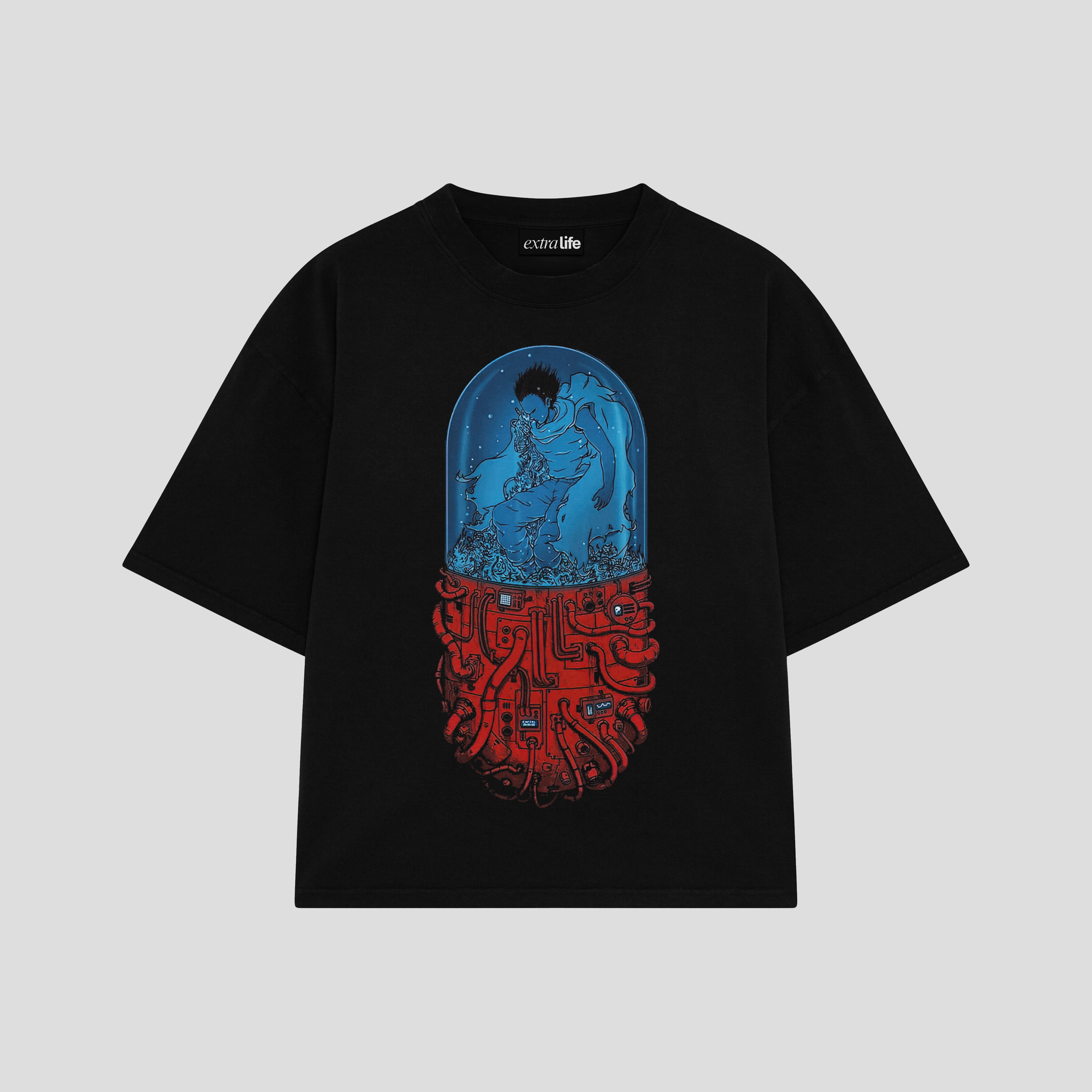 Playera streetwear premium de anime y gaming ExtraLife MX, corte boxy oversized drop shoulder heavyweight en color Deep Black y Off-White, moda urbana mexicana de culto.