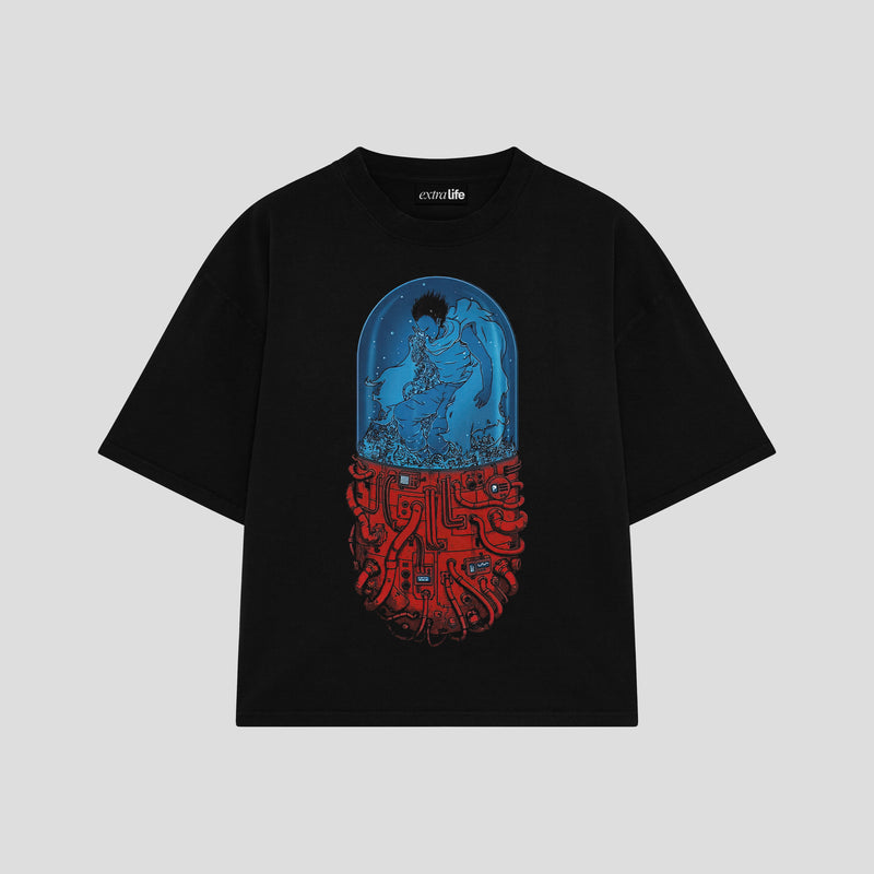 Playera streetwear premium de anime y gaming ExtraLife MX, corte boxy oversized drop shoulder heavyweight en color Deep Black y Off-White, moda urbana mexicana de culto.