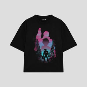 Playera streetwear premium de anime y gaming ExtraLife MX, corte boxy oversized drop shoulder heavyweight en color Deep Black y Off-White, moda urbana mexicana de culto.