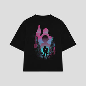 Playera streetwear premium de anime y gaming ExtraLife MX, corte boxy oversized drop shoulder heavyweight en color Deep Black y Off-White, moda urbana mexicana de culto.