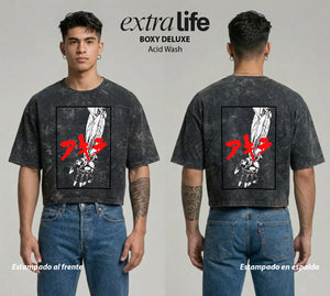 Playera streetwear premium de anime y gaming ExtraLife MX, corte boxy deluxe mineral wash heavyweight en color Acid Wash, moda urbana mexicana de culto.