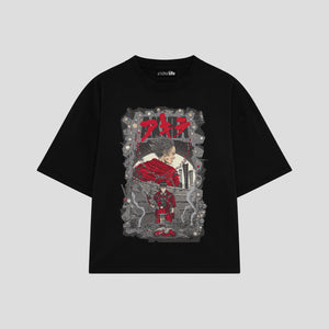 Playera streetwear premium de anime y gaming ExtraLife MX, corte boxy oversized drop shoulder heavyweight en color Deep Black y Off-White, moda urbana mexicana de culto.