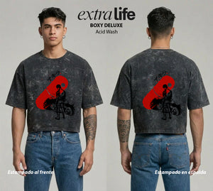 Playera streetwear premium de anime y gaming ExtraLife MX, corte boxy deluxe mineral wash heavyweight en color Acid Wash, moda urbana mexicana de culto.